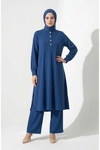 sefamerve Aerobin Fabric Button Detailed Hijab Double Set 4150-07 Indigo