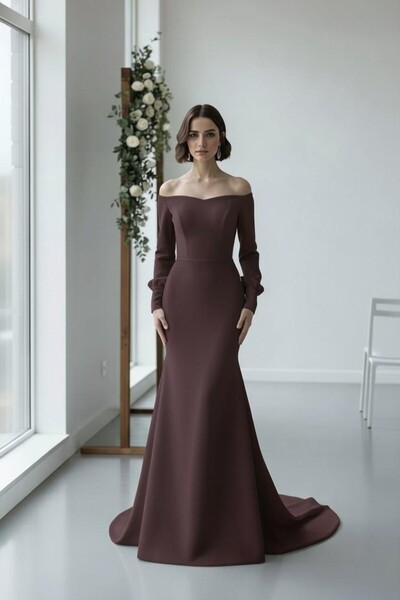 ENDAMIM Boat Neck Mermaid Dress Long Sleeve Balloon Sleeve Lined Zippered Wed...
