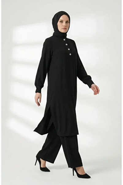 sefamerve Aerobin Fabric Button Detailed Hijab Double Set 4150-05 Black