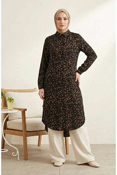 sefamerve Shirt Collar Buttoned Daisy Patterned Tunic 0355-09 Black