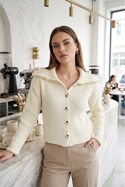SAYZEN YOUR SHİNE Basic Cardigan with Lace Trim on the Sleeves