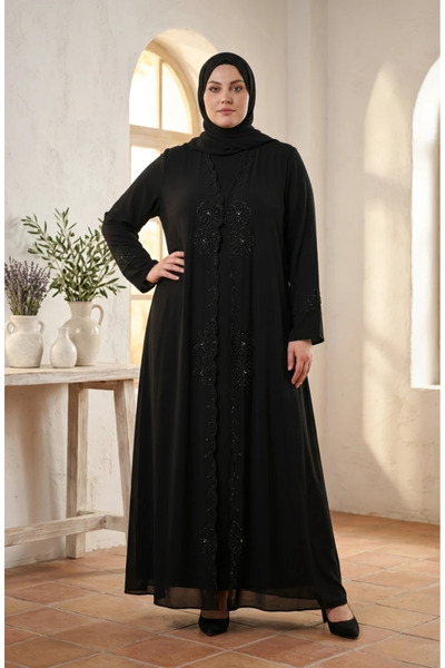 sefamerve Plus Size Embroidered Suzanna Crepe Hijab Evening Dress 6370-01 Black
