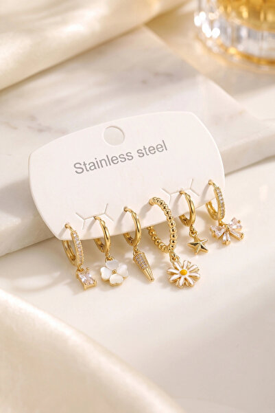 Generic Brand 316L Steel Gold Color Daisy Model Detailed Women's Earring Set