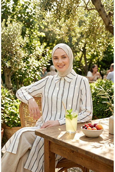 sefamerve Shirt Collar Striped Linen Long Tunic 0354-06 Black White