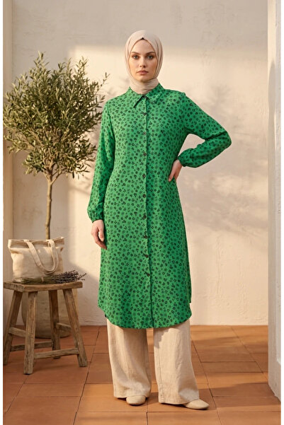sefamerve Buttoned Floral Patterned Tunic 0356-01 Green