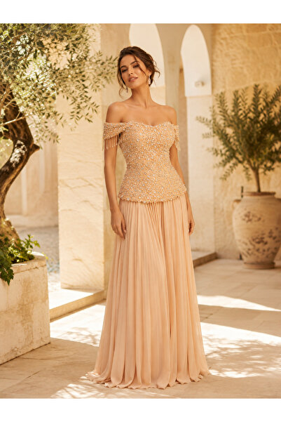vidas Peach Champagne Long Evening Dress with Off-Shoulder and Luxurious Embr...