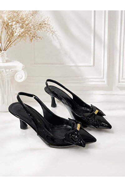 dabab shoes Kamila Women's Black Bow Detailed Patent Leather Pointed Toe Slin...