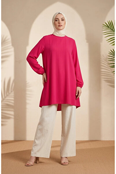 sefamerve Stylish Draped Crepe Fabric Hijab Tunic 1121-06 Fuchsia