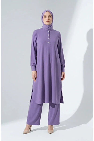 sefamerve Aerobin Fabric Button Detailed Hijab Double Set 4150-02 Lilac