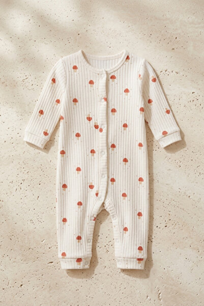 Unisex Bebek Fitilli Pamuklu Mantar Desenli Önden Çıtçıtlı Pijama & Günlük Tulum