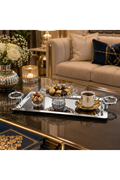Dania Luxury Round Handle Silver Mirror Tray Stainless Steel Rectangular Serv...