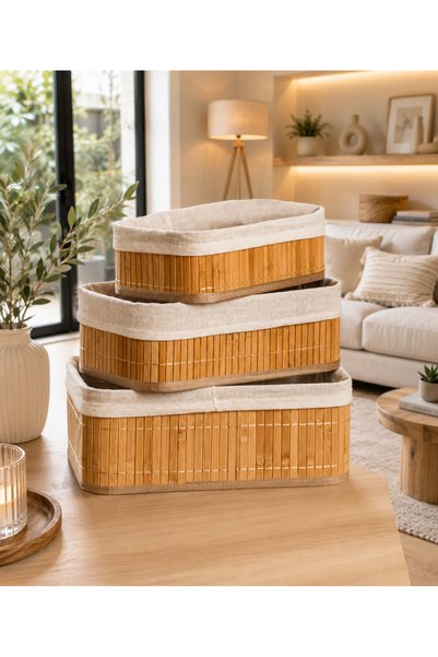 LUCKY CLOVER 3-Piece Bamboo Basket Set, Decorative Organizer with Fabric Lining, Bathroom Kitchen Storage Basket