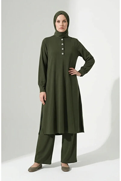 sefamerve Aerobin Fabric Button Detailed Hijab Double Set 4150-04 Khaki