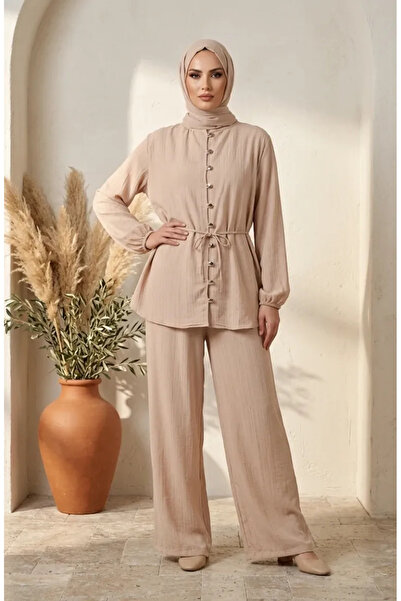 sefamerve Button Detailed Hijab Double Set 2301-05 Beige