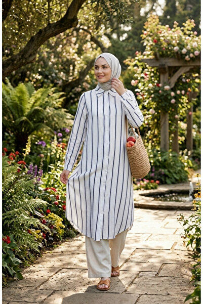 sefamerve Shirt Collar Striped Linen Long Tunic 0354-03 Navy Blue
