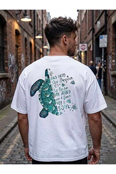 Flubutik White Caretta Printed Loose Fit Cotton T-Shirt