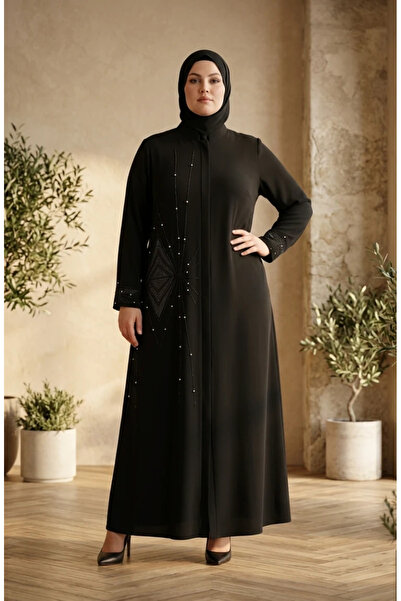 sefamerve Large Size Hidden Zipper Stone Embroidered Robe 6388-01 Black