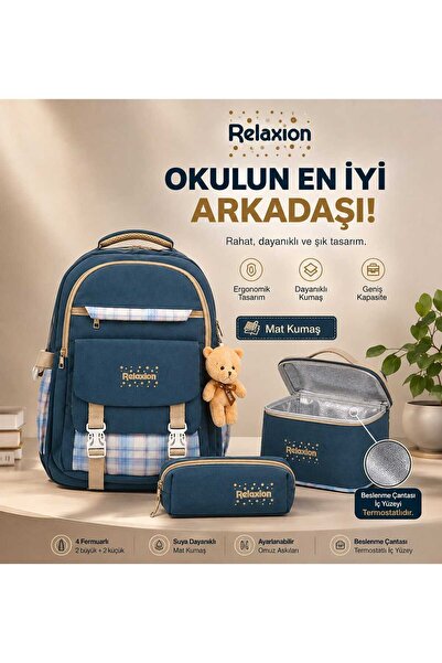 Relaxion 1396 Mat Kumaş Okul Sırt Çantası 3’lü Set – Termostatlı Beslenme Çan...