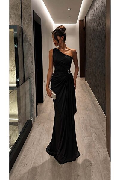 INFİVENTO Women's Modern One-Shoulder One-Sleeve Long Dress