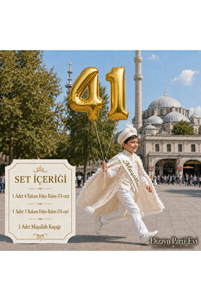Dizayn Parti Evi Sünnet Çocuğu Maşallah Kuşağı ve 74 cm Gold 41 Rakam Folyo B...