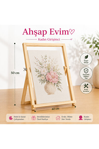DEMBEY AHŞAP ATÖLYE Ahşap Masaüstü Şövale 40x50 Tuvale Uyumlu Katlanabilir Şo...