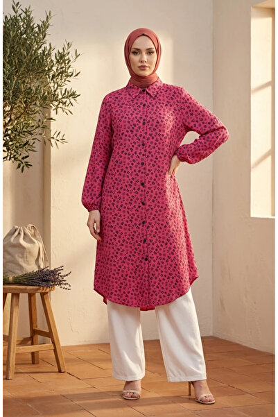 sefamerve Buttoned Floral Patterned Tunic 0356-03 Dark Pink