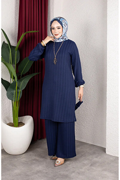 sefamerve Bürümcük Fabric Striped Tunic Pants Hijab Double Set 0915-02 Navy Blue