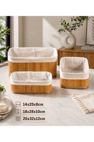 LUCKY CLOVER 3-Piece Bamboo Basket Set, Decorative Organizer with Fabric Lining, Bathroom Kitchen Storage Basket