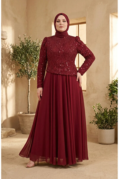 sefamerve Plus Size Sequined Chiffon Hijab Evening Dress 6380-03 Burgundy