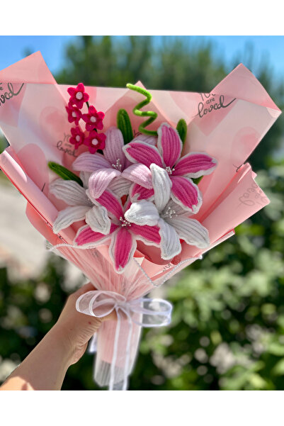 Crystal Coza Şönil Çiçek Buketi – Pembe Beyaz Lilyum Buketi – El Yapımı Kalıc...
