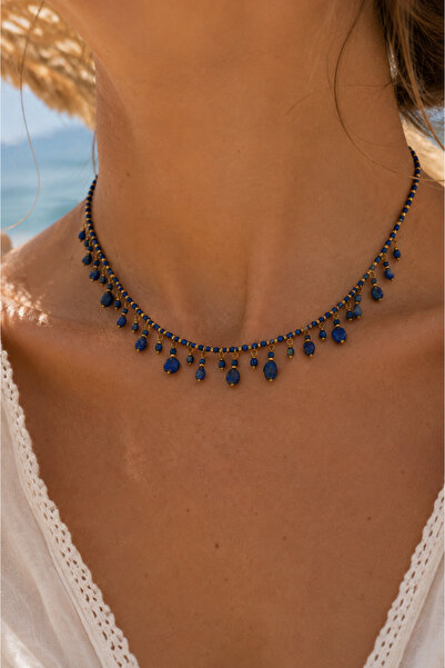 By Song Aksesuar Lapis Lazuli Natural Stone Necklace with Pendant