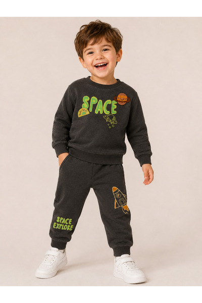 BENBİLGE Boys' 3-Yarn Washed Non-Padded Space Rocket Printed Sweatshirt and P...