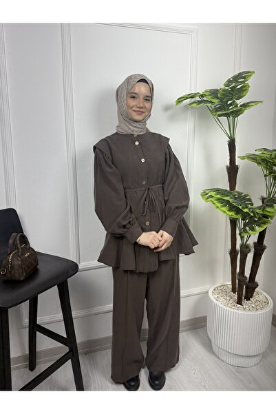 Sovel 2338 Shoulder Padded Shirt Set with Peplum Detail at the Bottom