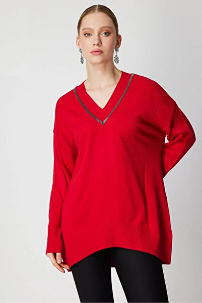 ON TRİKO V-Neck Stone Embellished Knit Sweater 15311