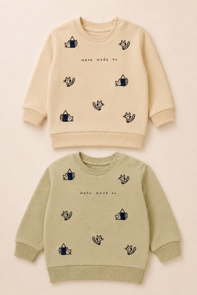 BENBİLGE Girl's and Boy's Baby 2-Piece Sweatshirt Set 3 Yarn Thread Embroidered Cat Embroidery Winter Unisex - Ecru and Green Colors