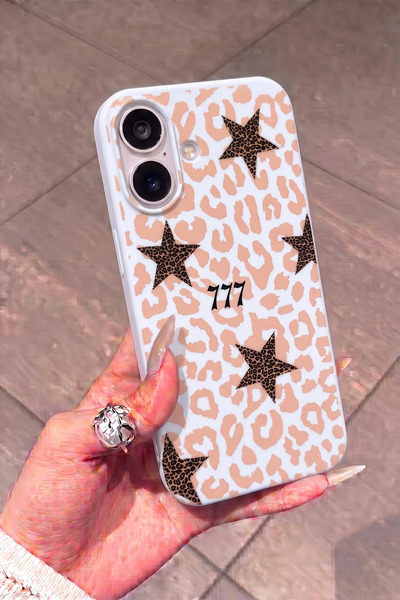KVK PRİVACY iPhone 16 Uyumlu 777 Leopar Yıldız Desenli Beyaz Kadifemsi Soft T...