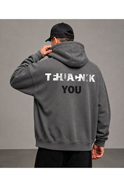 FAVORİST Thank You Printed Men's Compact Combed Cotton Hooded Sweatshirt