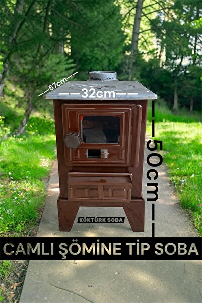 KUZİNECİM Köktürk Camlı Emaye Döküm Soba - Ateş Tuğlalı Mini Kamp & Balkon Şö...