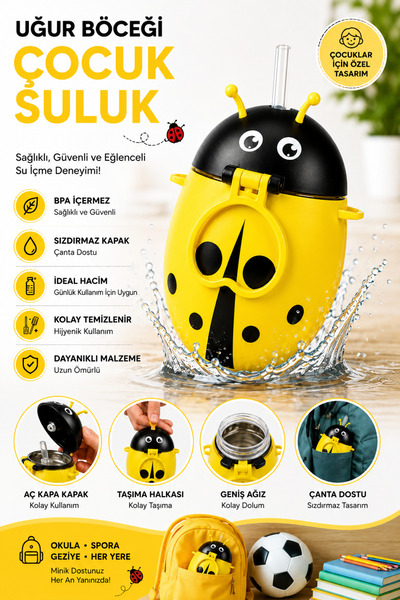 MGEStore Ladybug Children's Water Bottle with Straw, Portable School Water Bo...