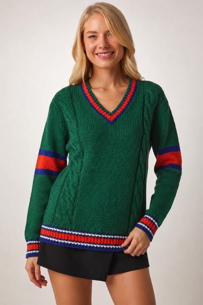 H&E LUXURY DESIGN Women's Green Hair Braided V-Neck Knitwear Sweater Colorful...