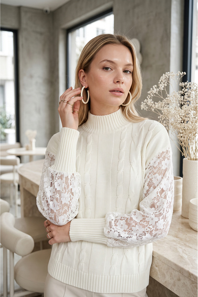 SAYZEN YOUR SHİNE Women's Knitwear Sweater with Lace Sleeves and Braided Hair...