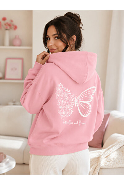 FAVORİST Women's Butterfly & Flowers Printed Hooded Sweatshirt