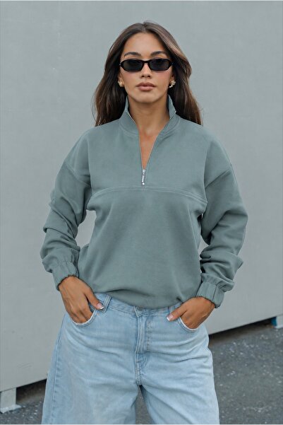 DI LORIA Women's Mint Green Half-Zipper High Collar Oversize Sweatshirt Elast...