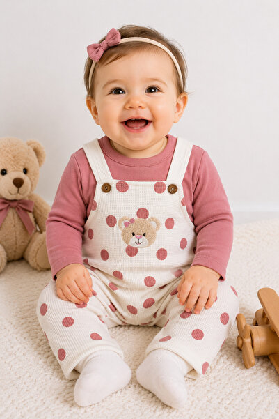 TİNY GOLDEN Baby Girl Waffle Salopet 2-Piece Set with Teddy Bear and Polka Do...