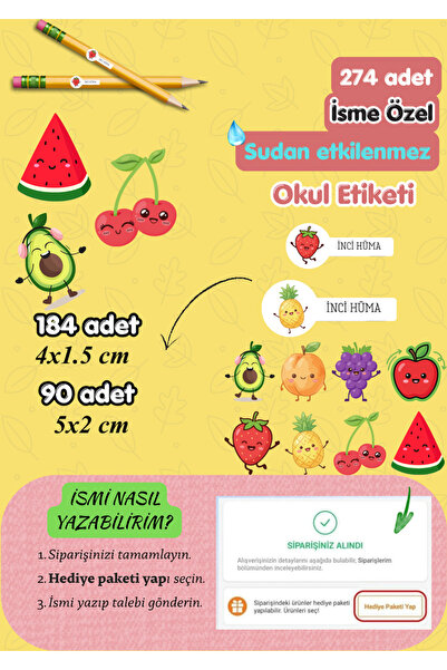 MirayDesign Okul Etiketi 274 Adet Meyveler Temalı-Kişiye Özel Sudan Etkilenme...