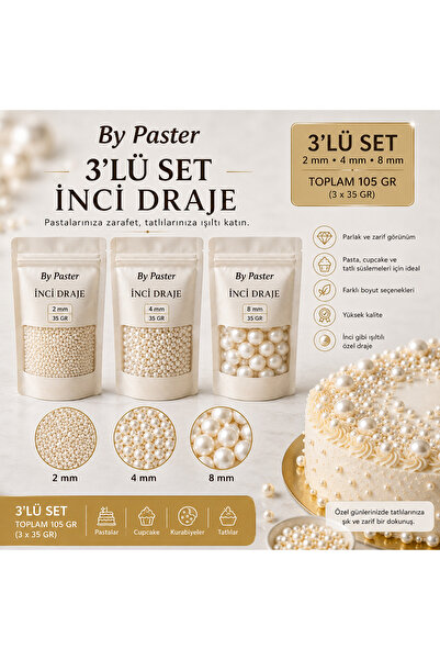 By Paster Beyaz Pasta Süsleme Şekeri Boncuk Draje 3’lü Set 2 mm, 4 mm, 8 mm 3...