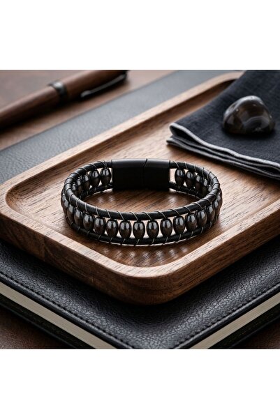 toptanhanem Men's Black Leather Bracelet, Hematite Stone and Steel Magnet Cli...