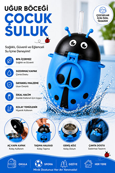 MGEStore Ladybug Children's Water Bottle with Straw, Portable School Water Bo...