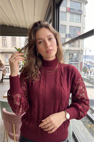 SAYZEN YOUR SHİNE pulover tricotat pentru femei cu mâneci din dantelă și împletituri de păr