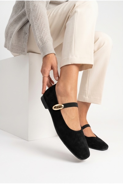 StWenn Women's Suede Ballerina Flats with Elastic Belt and Gold Accessories, ...